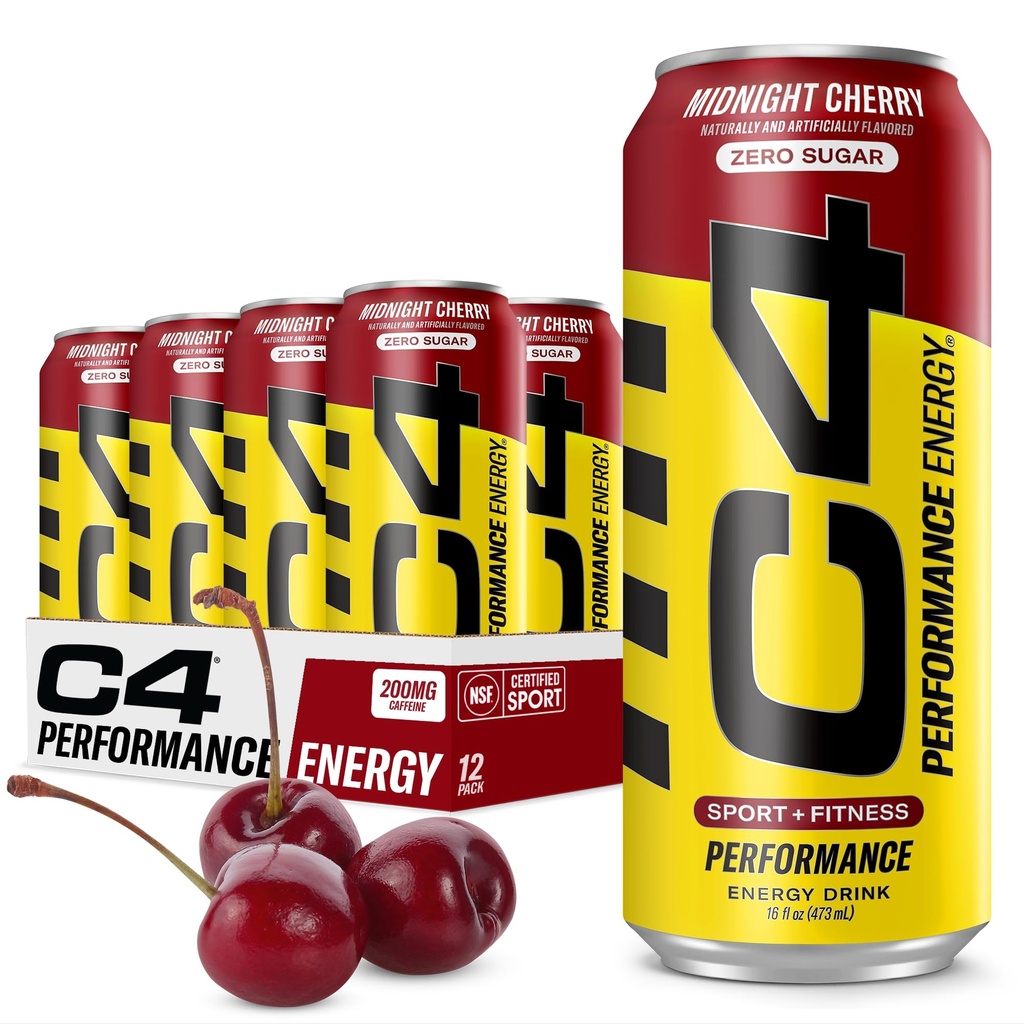 C4 Energy Carbonated Zero Sugar Energy Drink, Pre Workout Drink + Beta Alanine, Midnight Cherry, 16 Fl Oz (Pack of 12)