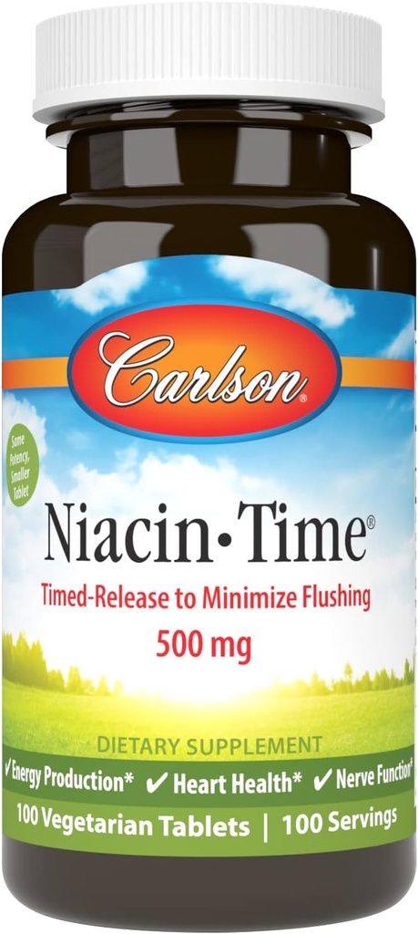 Carlson Niacin-Time 500 mg, B-3 bitamina, Denbora ezabatua, 100 Tablet