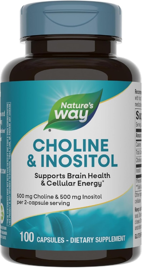 Naturens måte Choline & Inositol, støtter hjernens helse og celleenergi*, 500 mg Choline & 500 mg Inositol per 2-kapsel porsjon, Glutenfri, 100 kapsler (pakke May Vary)
