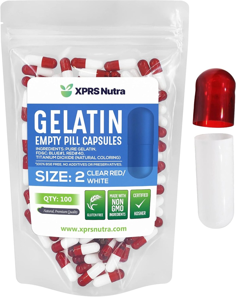 XPRS Nutra Size 2 Boş Kapsüller - 100 Count Boş Gelatin Capsules - Pills DIY Kapsül Doldurma - Pure Bovine Pill Gel Do-It-Your self Supplements (Clear Red/White)