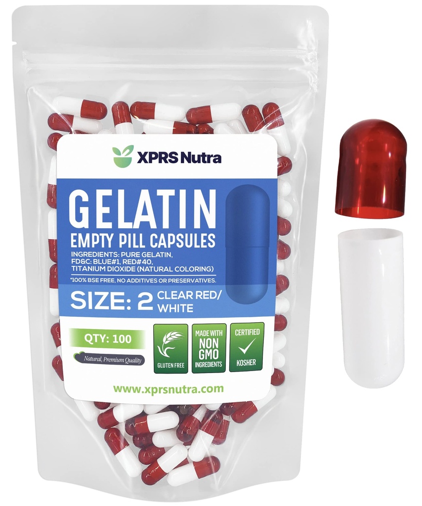 XPRS Nutra Size 2 Empty Capsules - 100 Count Empty Gelatin Capsules - Pills DIY Capsule Filling - Pure Bovine Pill Gel Caps for Do-It-Yourself Supplements (Clear Red/White)