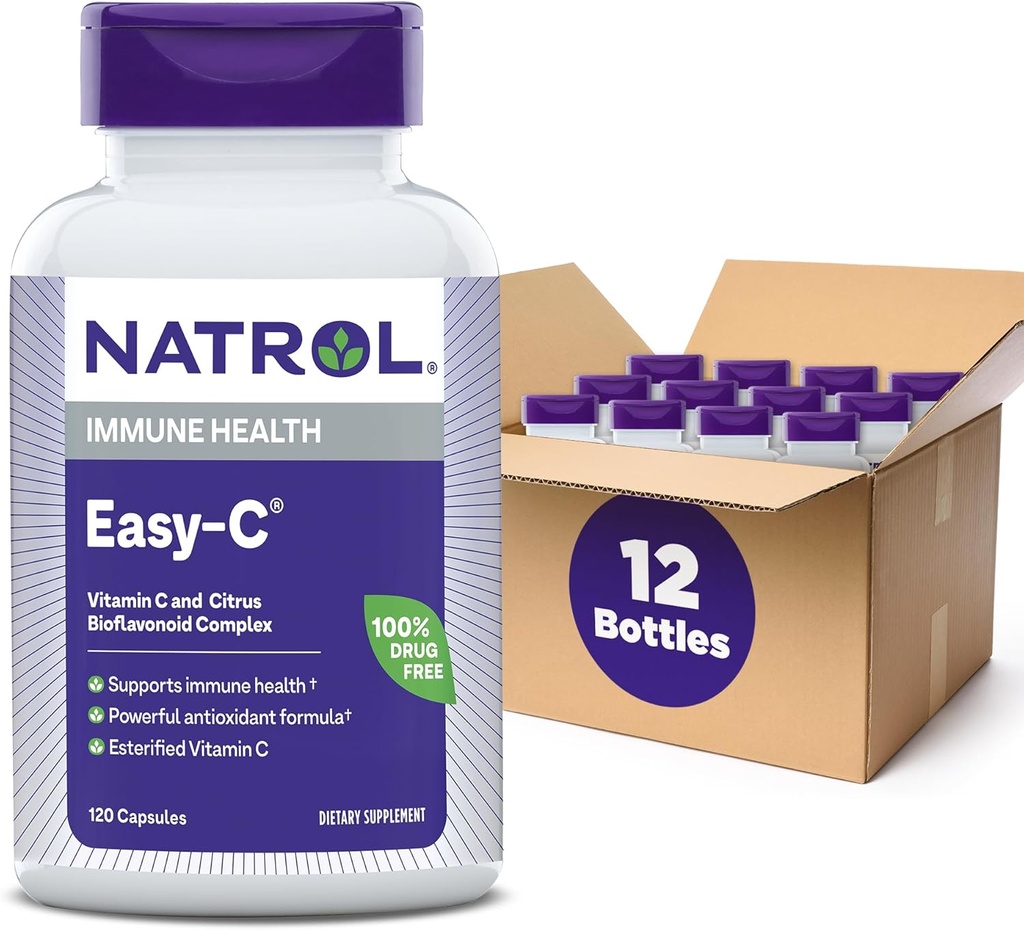 Natrol Easy-C Supports Immune Health with Vitamin C and Bioflavonoids, Bios Vegi Capsules, 500 mg, 120 Count (Pack of 12)