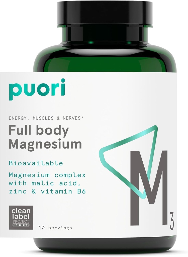 Puori Magnesium 复合物补充剂 - 高吸收性酸镁和Gluconate,锌,维生素B6和马利克酸用于睡眠支持,Immune & Bone健康与肌肉恢复 - 120 Vegan Capsules