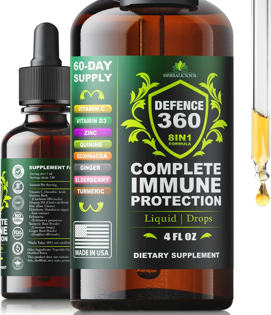 Defence360 Immune Support 8-in-1 Liquid Supplement met vitamine C, D3, Zink, Vlierbes, Echinacea, Kurkuma, Gember & Quinine Volledige Immune Protection (4 FL OZ)