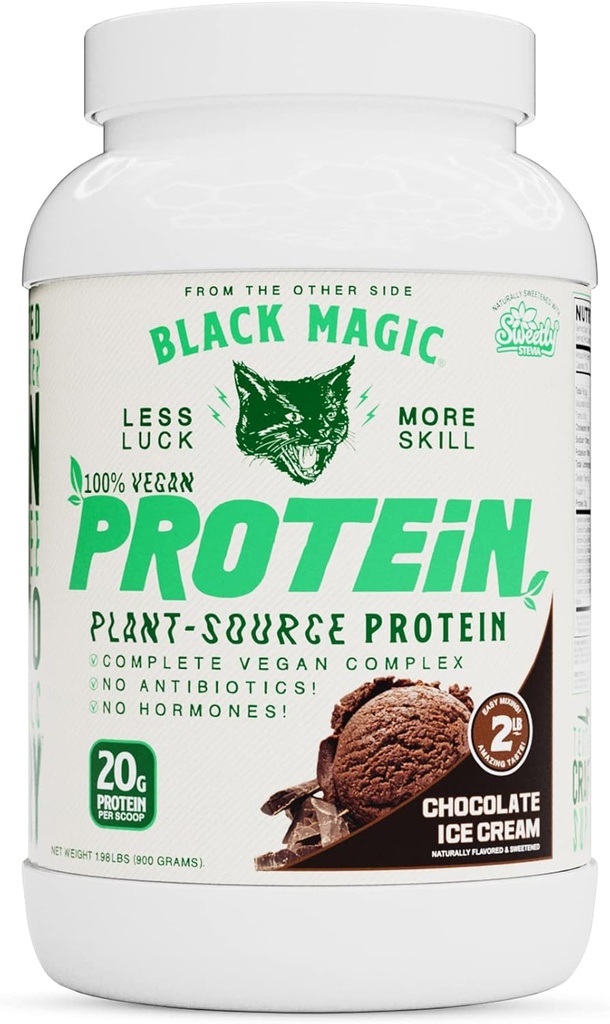 Black Magic Plant-Source 100% Vegan Protein - Keto, Low Sugar, Dairy Free Protein - Pre/Post Workout - Chocolate Ice Cream - 20g Protein - 2 LB