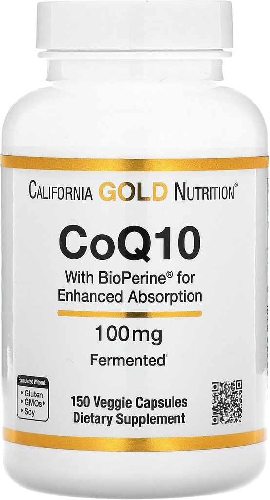 CoQ10 por California Gold Nutrition - USP-Verificado, Fermentado Coenzima Q10 com BioPerine - Apoio mitocondrial - Vegan Friendly - Gluten Free, Não-GMO - 100 mg - 150 Cápsulas Veggie