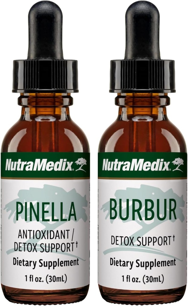 NutraMedix Detox Support Bundle - Жидкие капли для очистки и поддержки детоксикации и случайный туман в мозге - Pinella Anise Drops & Burbur Extract for Healthy Detoxification (2 Count, 1 Oz)