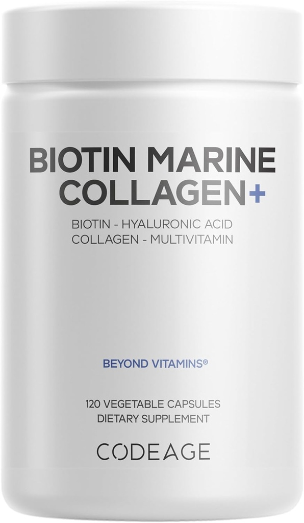 Codeage Biotin Marine Collagen Peptides - Wild-Caught Marine Collagen Types I & III, Biotin, Vitaminas C &amp; E, Hyaluronic Acid, Amino Acids, Fruit and Herb Blend, Non-GMO - 120 cápsulas