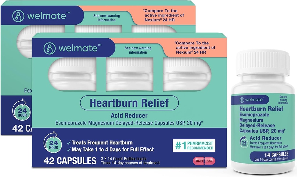 WELMATE - Esomeprazole 마그네슘 20 mg - Heartburn 약 - 산성 흡진기 - 지연 방출 Heartburn 구호 - 남자 & 여자를 위한 24hr 보호 - 84의 캡슐 - 2 팩