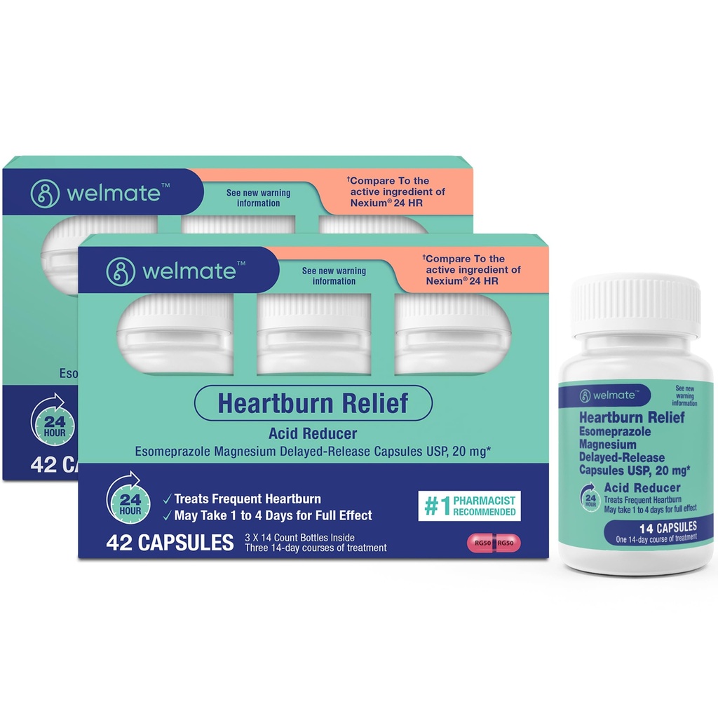 WELMATE Esomeprazole Magnesium 20mg Heartburn Medicine, 84 Count – Delayed Release Capsules, Acid Reducer for Frequent Heartburn & Acid Reflux Relief, 24HR Protection