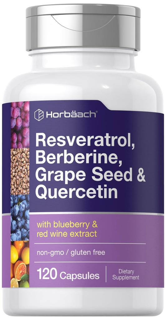 Horbäach Resveratrol Berberine Grape Seed & Quercetin | with Blueberry & Red Wine Extract | 120 Capsules | Non-GMO, Gluten Free & Vegetarian Supplement