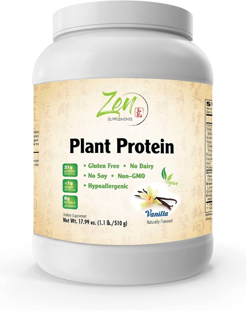 Zen Kosttilskudd - Plant Protein-Vanilla 510G 1.1LB-Powder- 25 Gram av Protein Per Serving -Vegan, Lavnettkarbohydrater, Ikke-Dærlig, Glutenfri, Laktosefri, Ingen sukker tilsatt, Sojafri, Kosher, Ikke-GMO