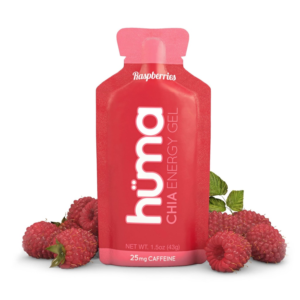 Huma Chia Energy Gel, Raspberries, 12 Gels, 25mg Caffeine | Real Food, Stomach Friendly Energy Gels