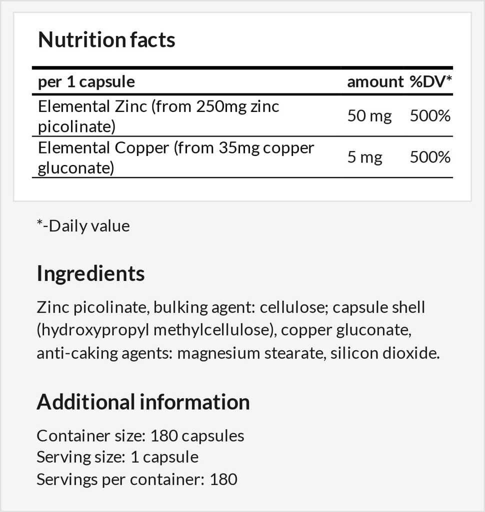 Z-Balance - Zinc 50mg + Cooper 5mg - 180 Vegan Capsules - 6 Months Supply - Zinc picolante and Cooper gluconate Supplement for Healthy Hair, Skin and Nails - by Apollo's Hegemony