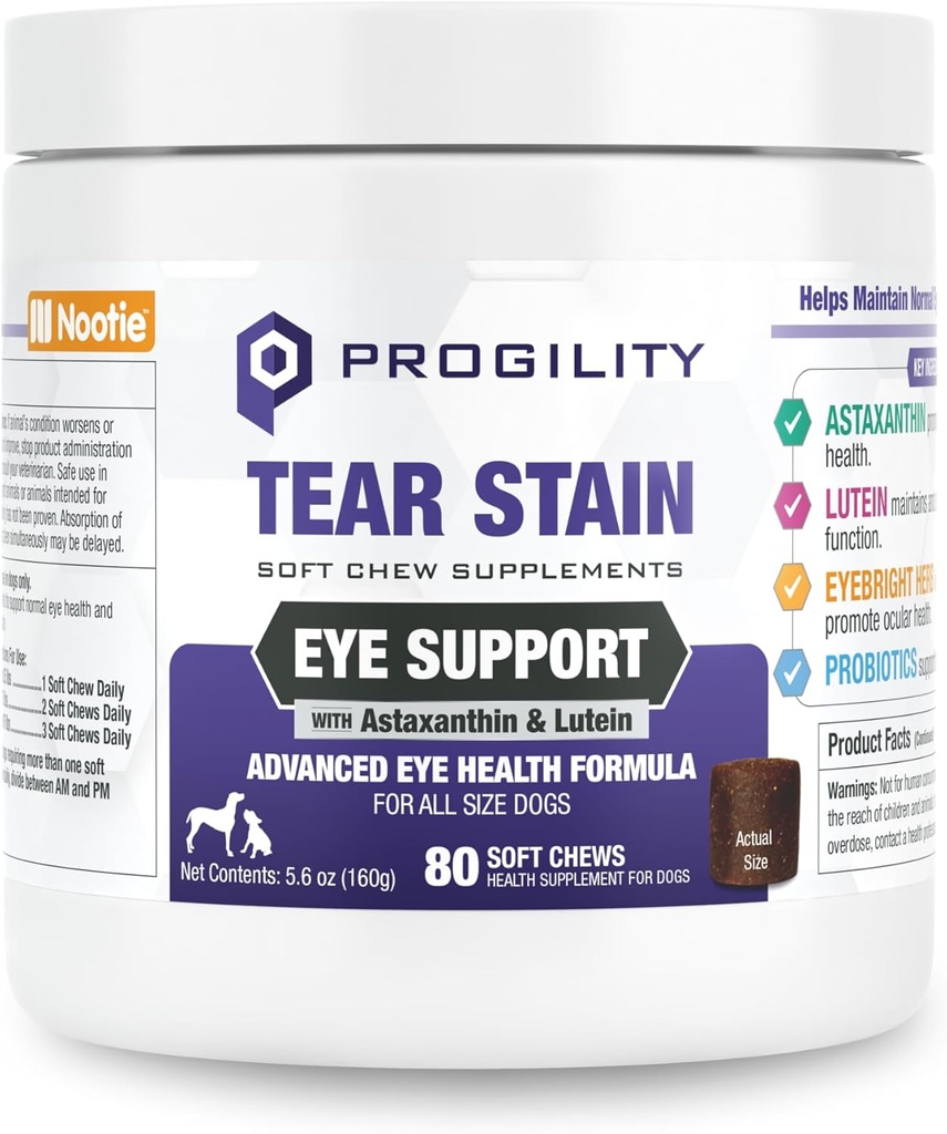 Nootie Progility Tear Stain תוסף לכלבים, Advanced Eye Health Formula, Helps Minimize Tear Stains, 80 Chews, נמכר בלמעלה מ-5,000 וטרינרים ו- Pet Stores ברחבי העולם