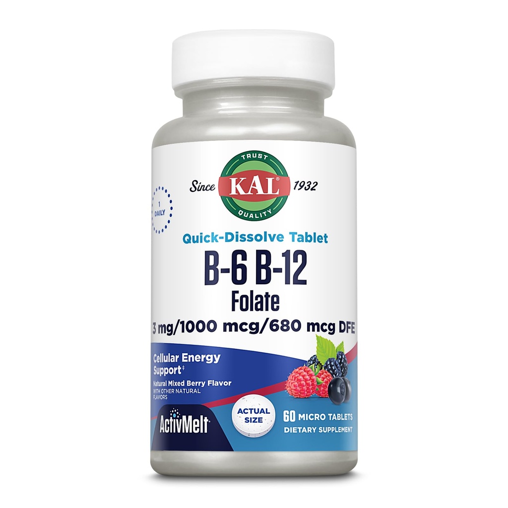 KAL Vitamin B-6, B-12 & Folic Acid Supplement, Heart Health, Energy & Red Blood Cell Support*, with Vitamin B12 Methylcobalamin & Folate, Natural Berry Flavor, 60 Servings, 60 ActivMelt Micro Tablets
