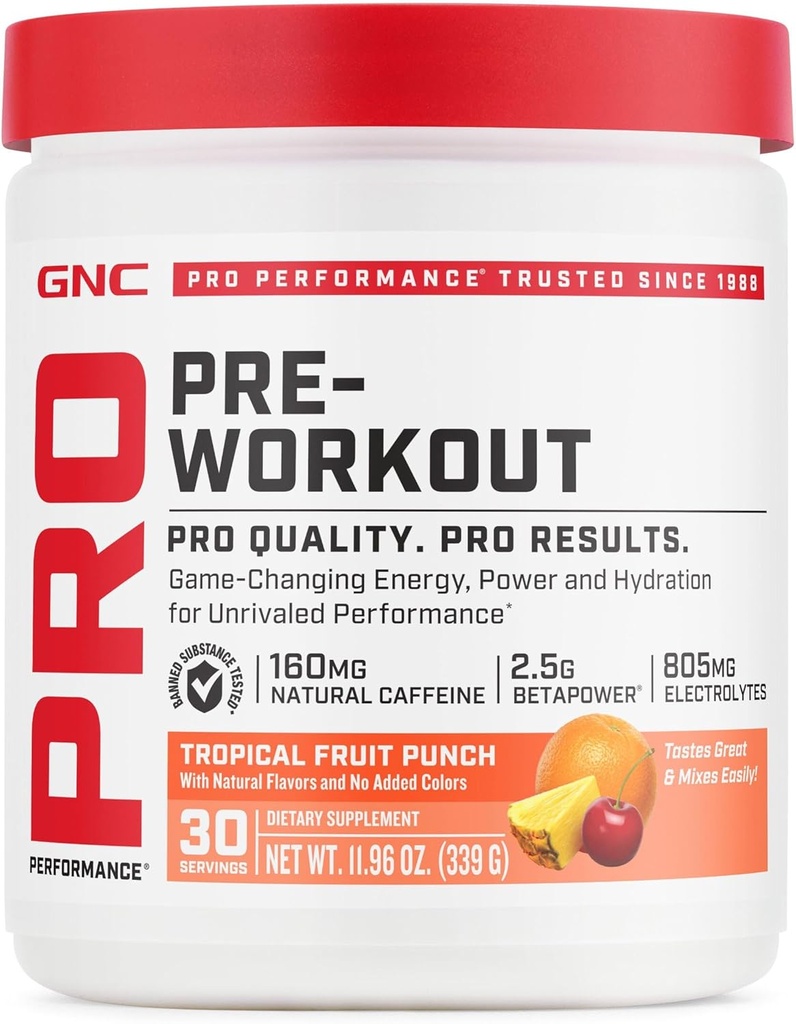 GNC Pro Performance Pre Workout Powder for Men and Women, Energy, Hydration, Focus, Sugar Free, Gluten Free, Dodatek k výkonu, Tropický ovocný punč, 30 Služeb