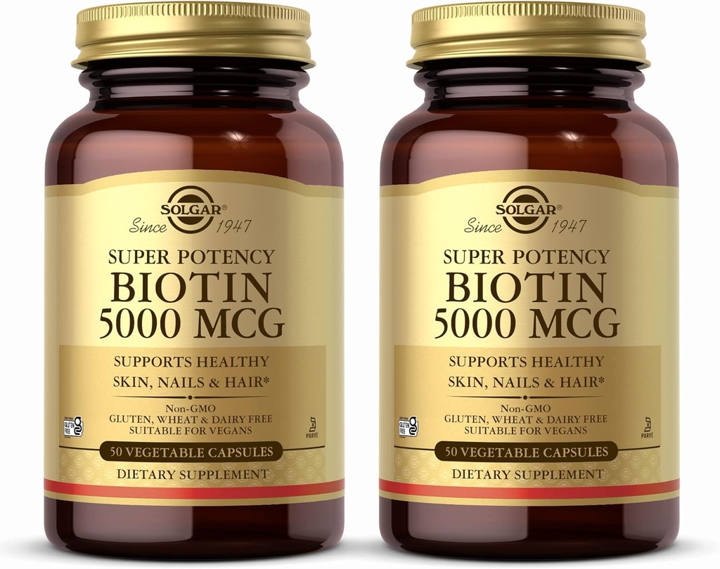 Solgar Biotin 5000 mcg - 50 Vegetable Capsules, Pack of 2 - Stöder Hälsosam hud, Nails & Hair - Non-GMO, Vegan, Gluten Free, Dairy Free, Kosher - 100 Total Servings