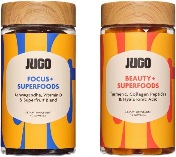 JUGO Beauty + Focus Gummys Bundle – Ashwagandha, Collagen & Biotin – 支持焦点,应激缓解,头发,皮肤和钉子 – 植物型,无胶质型