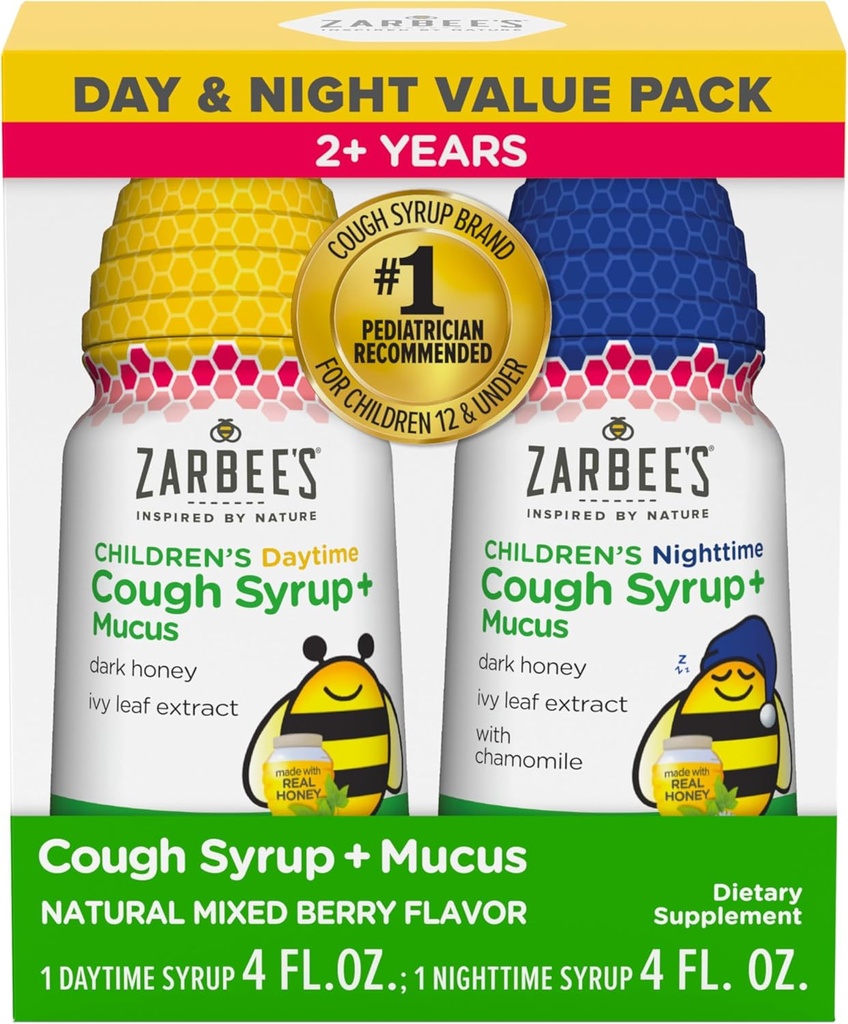 Zarbee 's Children' s Honey Hough Syrup + Mucus Day & Night Value Pack, Daytime & Nighttime Toddler Hough Syrup, Dark Honey, Ivy Leaf Extract, Kamille, Blandet Berry Flavor, 2X 4 Fl Oz