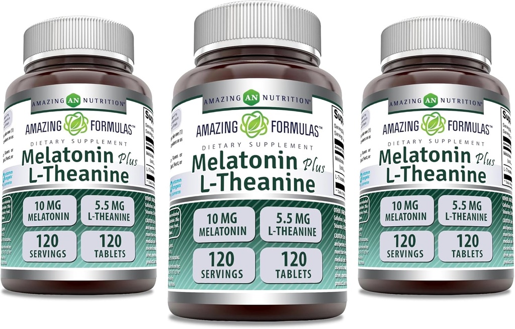 Amazing Formler Melatonin 10 Mg Plus L-Theanine 5,5 Mg Supplement | 120 Tabletter | Ikke-GMO | Glutenfri | laget i USA | Pakke med 3