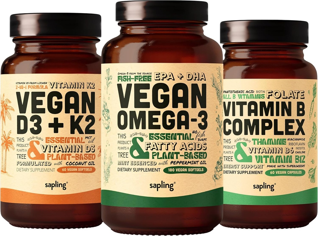 Vegan Omega 3 180 Softgels & Vegan D3 + K2 & Vitamin B Complex Bundle - 植物基 DHA & EPA 脂肪酸,4000 IU 维生素D3和100mcg 维生素K2,基本B 维生素