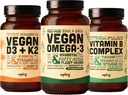 Vegan Omega 3 180 Softgels & Vegan D3 + K2 & Witamina B Complex Bundle - Plant Based DHA & EPA Fatty Acids, 4000 IU Witamina D3 i 100mcg Witamina K2, Esential B Witaminy