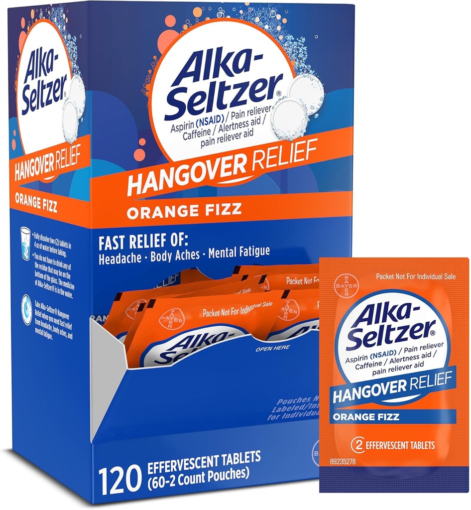 Alka-Seltzer Hangover Relief Tablets, Fast Relief Starts in About 15 Minutes for Headaches, Body Aches & Mental Fatigue, Bachelorette Party & Bachelor Party, Dispenser Pack, 120 Count