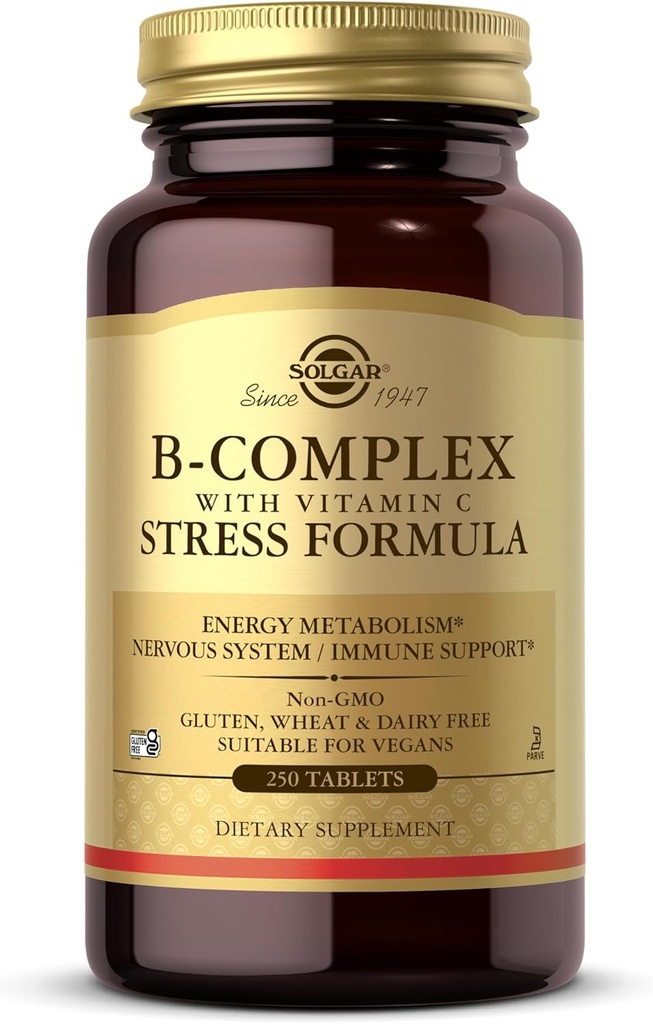 Solgar B-Complex with Vitamin C 压力公式,250平板 - 能量代谢,神经系统和免疫支持 - 非GMO,Vegen,Gluten Free,乳品自由,Kosher - 125 services