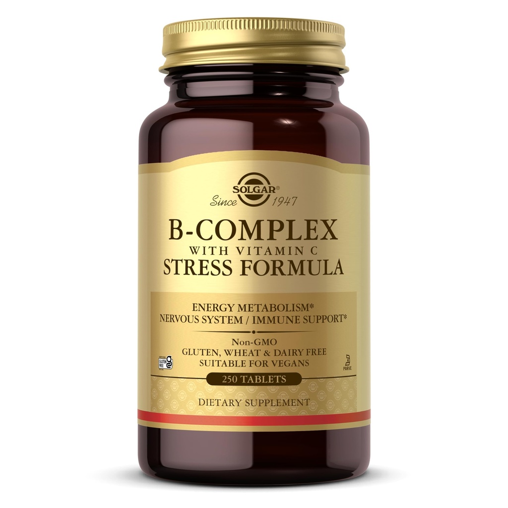 Solgar B-Complex with Vitamin C Stress Formula, 250 Tablets - Energy Metabolism, Nervous System & Immune Support - Non-GMO, Vegan, Gluten Free, Dairy Free, Kosher - 125 Servings