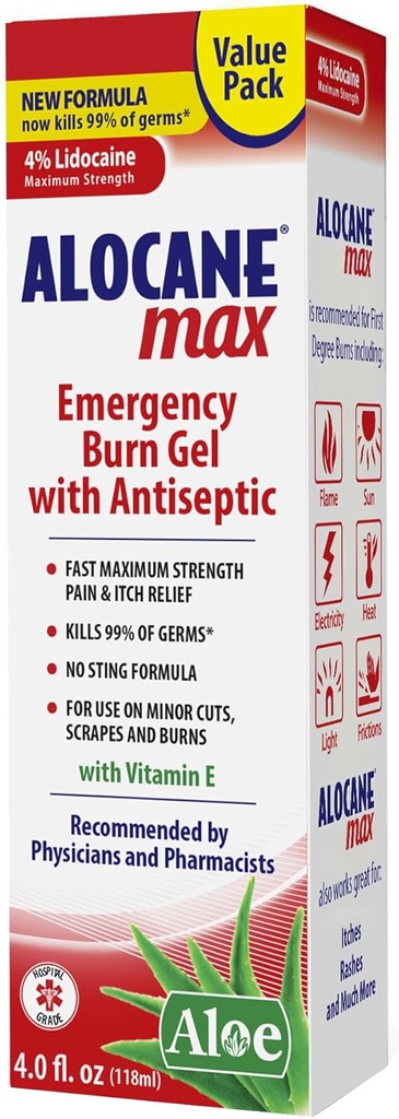 Alokain Max Emergency Burn Gel, 4% Lidocaine Hydrochloride, .13% Benzalkonium Chloride, Maximum Power Relief, For Suntch Relief, Kitchen, Radiasi, Kimia, Degree Burns, 4 Fl Oz