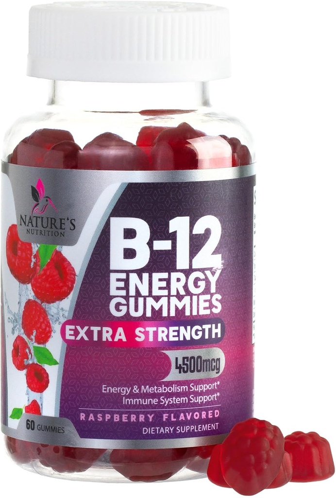 B-12 พลังงานวิตามิน 4500 มม. - ความแข็งแกร่งพิเศษ B12 Gammy Chewables สําหรับรองรับพลังงานเมต้าบอลต์ & อิมมูน - อาหารเสริมสําหรับผู้หญิง, ผู้ชาย, & เด็ก - Not-GMO, เวก้า, Berry Fravor - 60 เคานท์