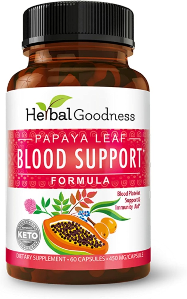 Herbal Goodness Papaya Leaf Blood Support Capsules - Platelet & Bone Marrow Health, Inmunity Support & Blood Cleanse - 60/450mg Veggie Capsules (1 botella)