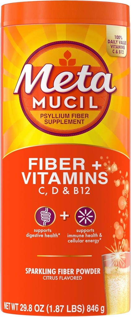 Metamucil Sparkling Fiber Supplement + Vitaminer, Plant Based Psyllium Husk Pulver med vitamin C, D & B12, Daglig Fiber Supplement för Digestive Health, Citrus Flavored, Sugar-Free, 90 Servings