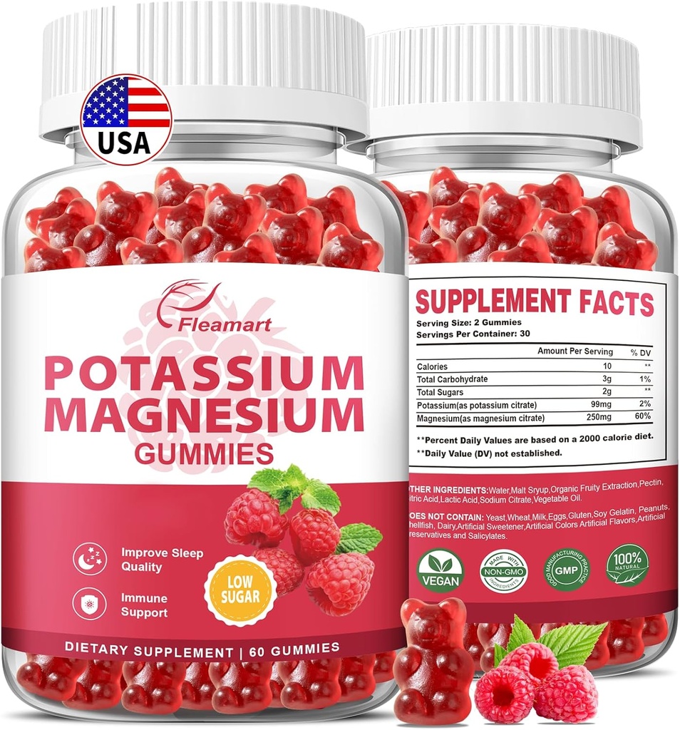 Kalium Magnesium Gummies Kalium Citrat 99mg Magnesium Citrat 250mg Magnesium Kalium Kompleks Supplement, Immun støtte, 60 bringebær Gummies 2 Pack