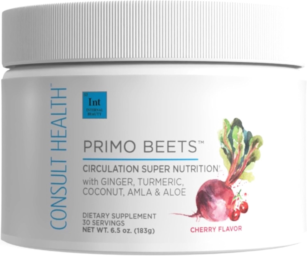 Consulte Health Primo Beets - Beet Root Powder Drink Mix with Electrolytes - Nitratos para apoiar a circulación - impulso de enerxía - Ginger & Turmeric - para homes e mulleres - Cherry Flavor - 30 servizos