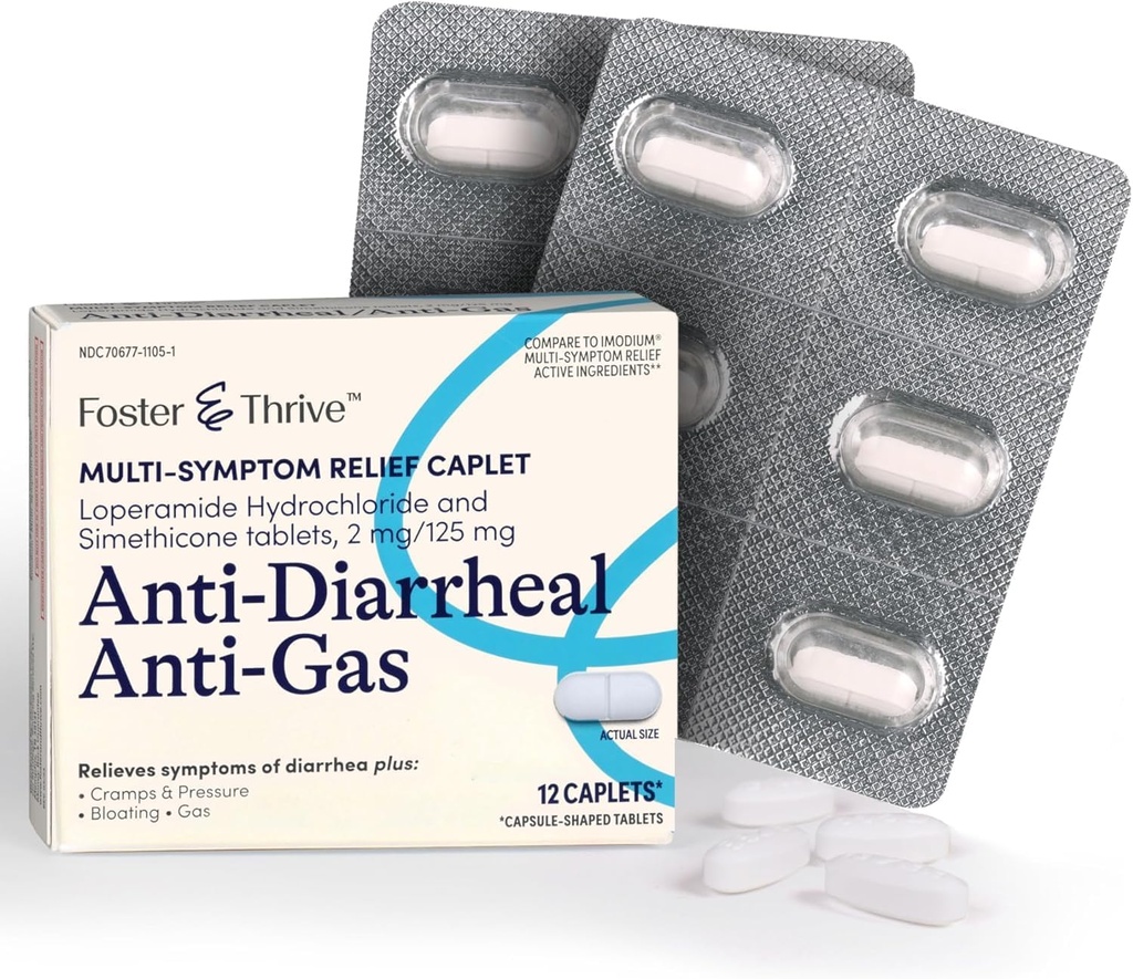 Foster & Thrive Loperamide Hydrochloride and Simethicone Anti-Diarrheal Anti-Gas Multi-Symptom Relief, 48 Caplets, Treatment of Diarrhea, Gas, Bloating, Cramps & Pressure, 12 Caplets (Pack of 4)
