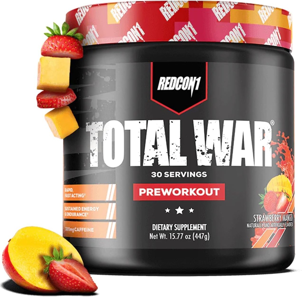 REDCON1 Total War Pre Workout, Strawberry מנגו - L Citrulline, Malic Acid, Green Tea Leaf Extract for Pump Boosting Pre Workout for Women & Men - 3.2g Beta Alanine כדי להפחית את הממצה, 30 משרתים