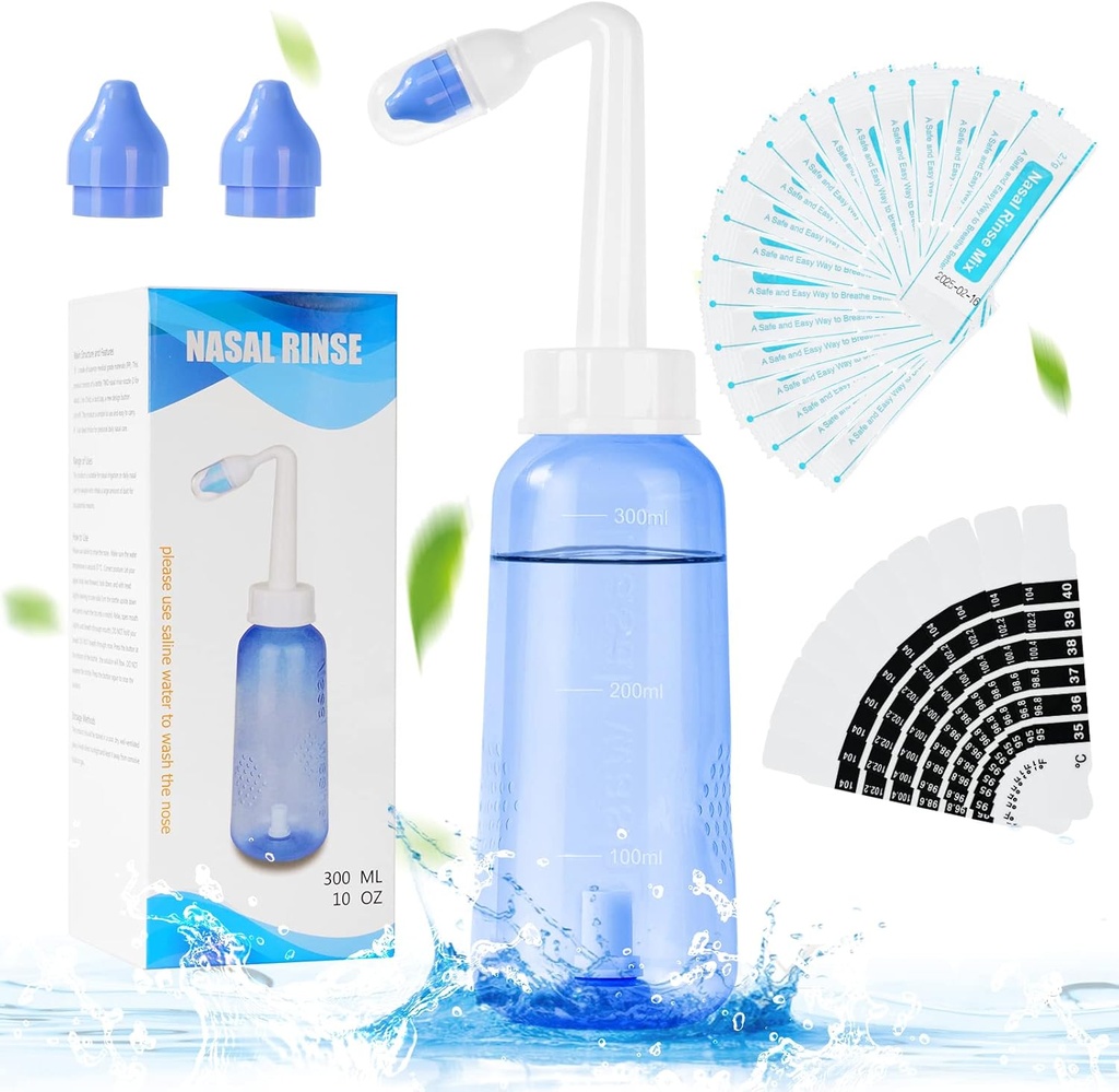 URAQT Neti Pot, rinçage nasal Kit Nettoyant Nez, 300ml Sinus Rinse Bouteille avec 20 sachets de sel de lavage nasal et 10 thermomètres Sticker, irrigation nasale par rinçage sous pression pour adultes et enfants sans BPA