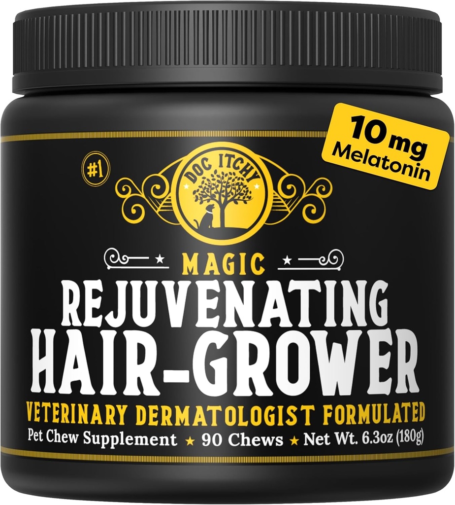 Doc Itchy Rejuvenating Hair-Grower Dog Pet Chews | 10mg Melatonin for Dog | 머리 성장 부스터 | 시니어 개 Energizer | 칼밍 | 의료용 | 식품 알레르기 안전 | Vegan | 90 Count