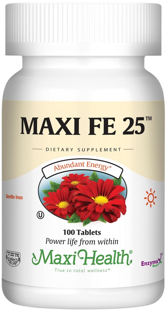 Maxi Health Iron Supplement for Women & Men - Gentle Iron 25 mg for The Stomach - Non Constipating* Pills - Kosher - Non GMO - Vegetarian (100 Tablets)