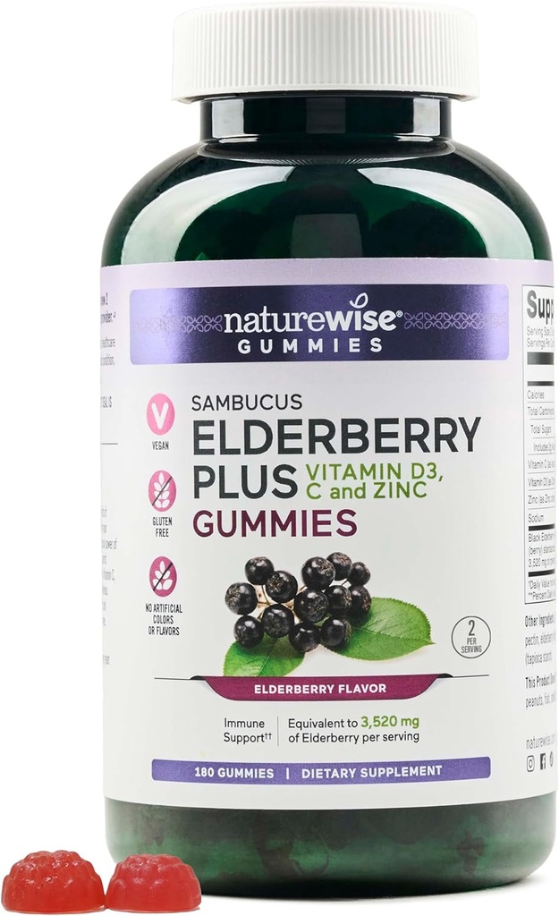 NatureWise Sambucus Elderberry Gummies - Suplimentul de sprijin imun pentru copii Vârsta 4+ & Adulți cu vitamina C, D3, Zinc - Elderberberries echivalent cu 3520mg - Vegan, Non-GMO - 180 Conte[90-zi de aprovizionare]