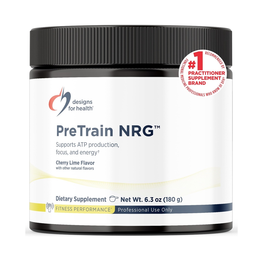 Designs for Health PreTrain NRG Drink Mix - Pre-Workout Powder with Creatine + Green Coffee - Supports Focus, Power + Mental Energy in Athletes - None-GMO, Cherry Lime Flavor (20 Servings / 180g)