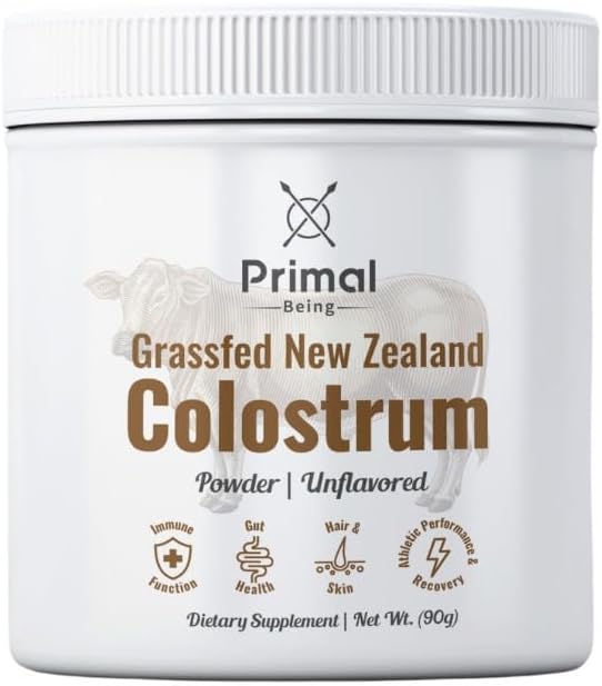 Ser Primal Grassfed Beef Colostrum - Suporta Imune Function, Gut Health, Hair, Anti envelhecimento, Desempenho Atlético, Recuperação - 90 Grams sem sabor Pó, 3000 mg por serviço