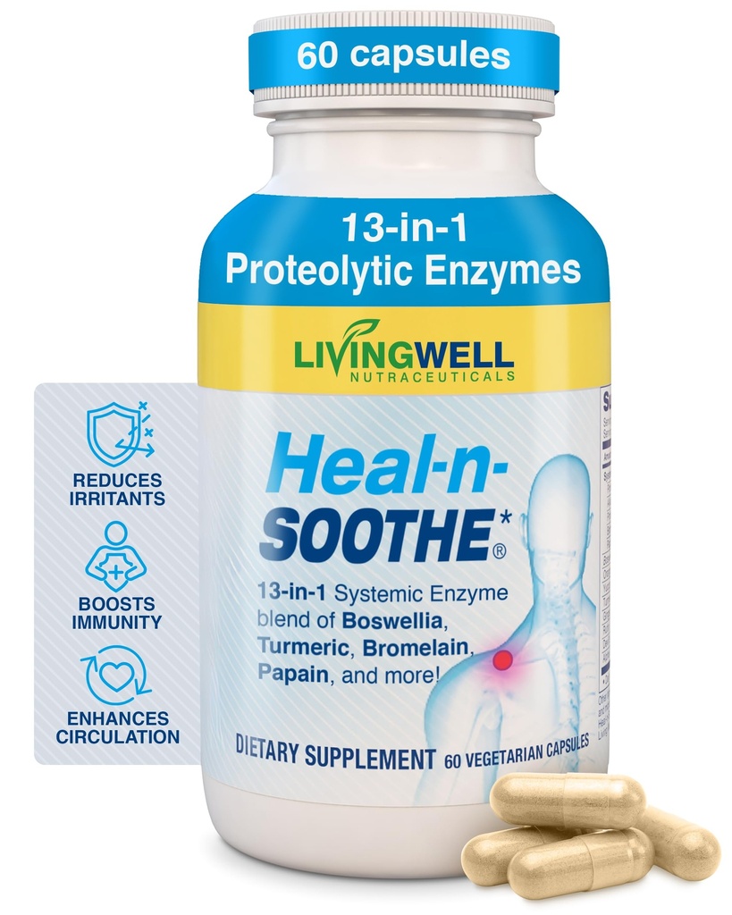 HEAL-N-SOOTHE Proteolytic Systemic Enzymes – Joint Supplement with Bromelain, Papain, Boswellia – Joint Mobility, Muscle Flexibility, Protein Digestion, Circulatory & Immune Health - 60 Count (1 Pack)