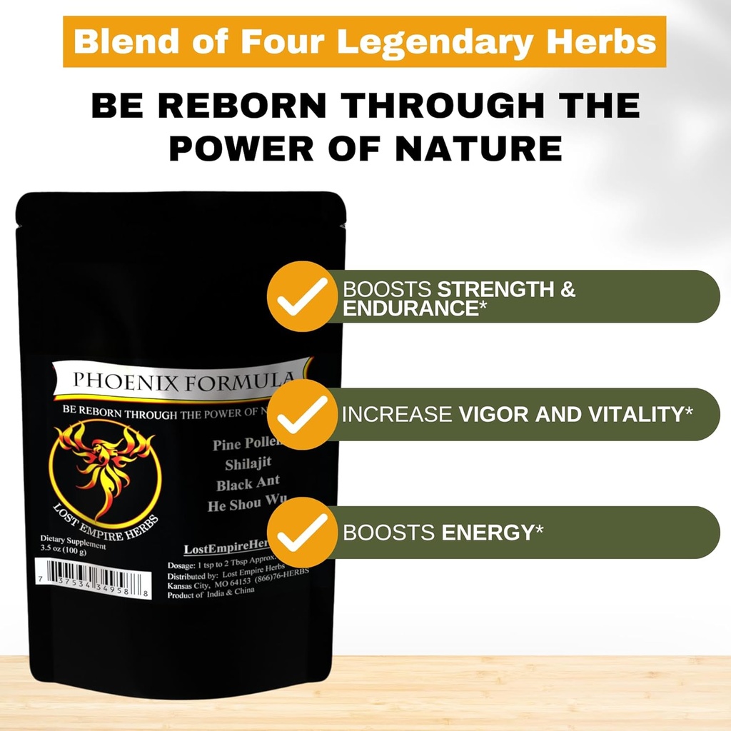 Phoenix nuorennus Formula - Kadonnut Empire Yrtit Energia Blend 4 Top Natural Health Yrtit Pine Pollen, He Shou Wu, Ant, ja Shilajit (100g jauhe)