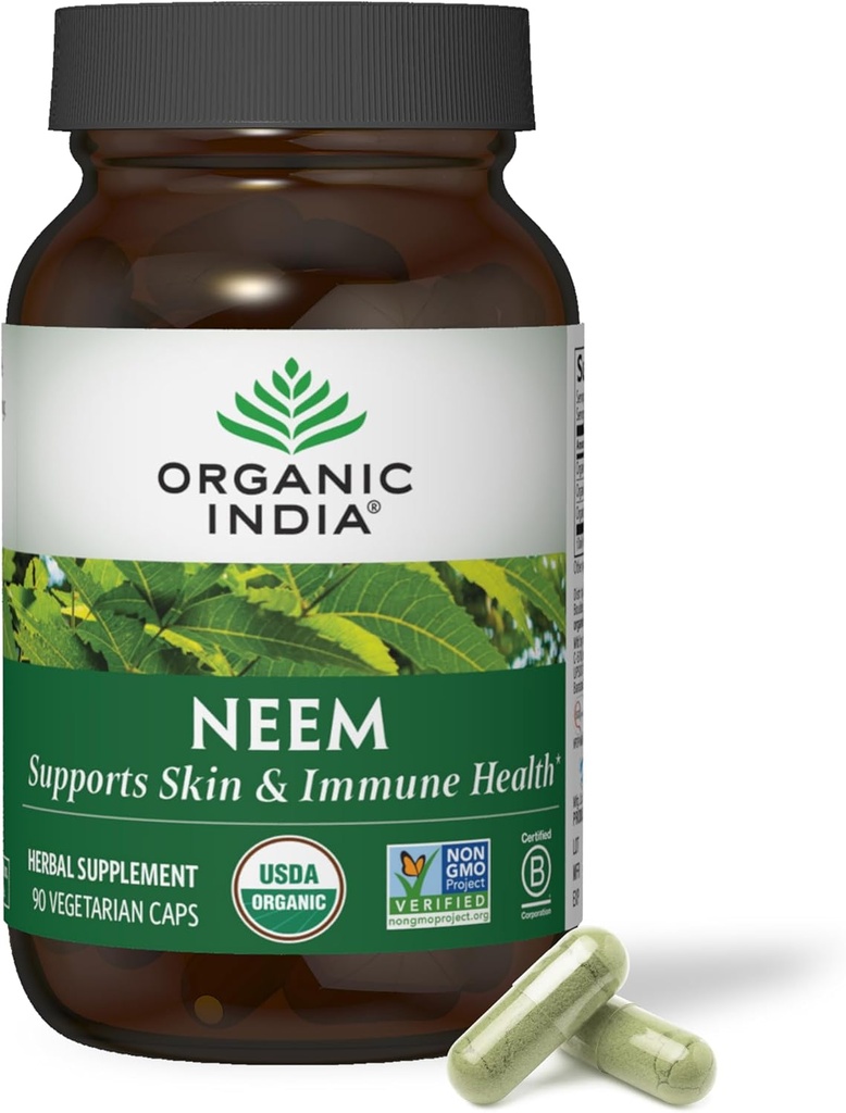 OGANIC INDIA Neem Leaf Capsules - Hebal suplementaris, ajuda a la pell i Imne salut, Vegan, Guten Free, USDA Certified Organic - 90 comte