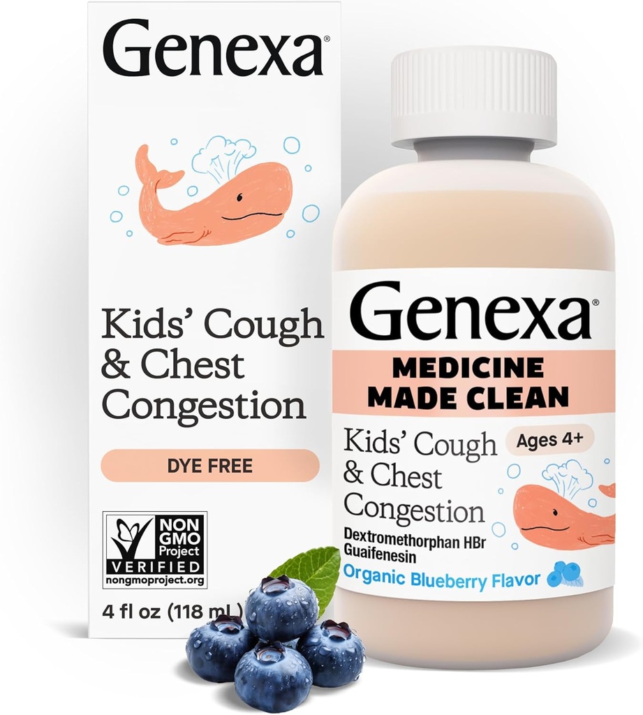 Genexa Kids 'Clean Cough & Chest Congestion Medicine, Dye Free, 0% Sztuczne dodatki, wieloobjawowy syrop na kaszel dla dzieci 4- 11, Cough Supressant & Expectorant, Organic Blueberry Flavor, 4 fl oz