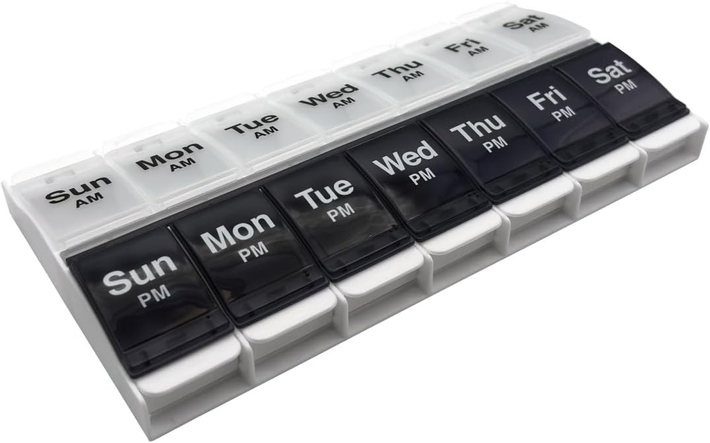 EZY DOZE Push Button (7-Day) Pill Case, Medicine Planner, Vitamin Organizator, 2 krat na dan AM/PM Container, X-Veliki kompartmenti, Artritis prijazno, Brez napora odprto, Jasno Lids, Modra/bela, BPA brezplačno