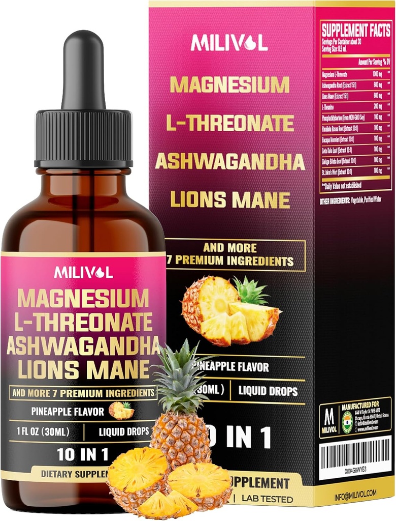 10in1 Magnesium L-treonaattinestetippa, jossa on Ashwagadha, Lions Mane & 7 lisää Herbals - 1 Fl Oz - Ananas maku